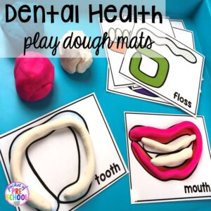 Dental Health play dough mats! Dental health themed activities and centers for preschool, pre-k, and kindergarten (FREEBIES too) #dentalhealththeme #preschool #pre-k #tooththeme