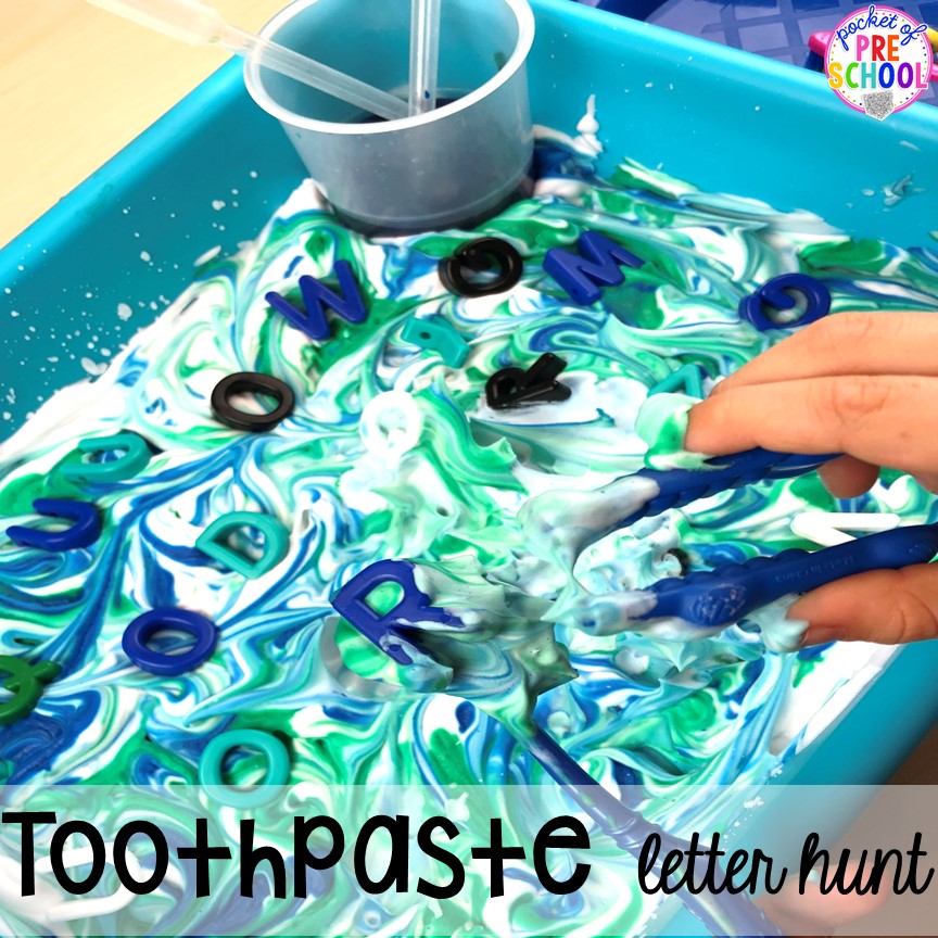 Toothpaste letter hunt! Dental health themed activities and centers for preschool, pre-k, and kindergarten (FREEBIES too) #dentalhealththeme #preschool #pre-k #tooththeme