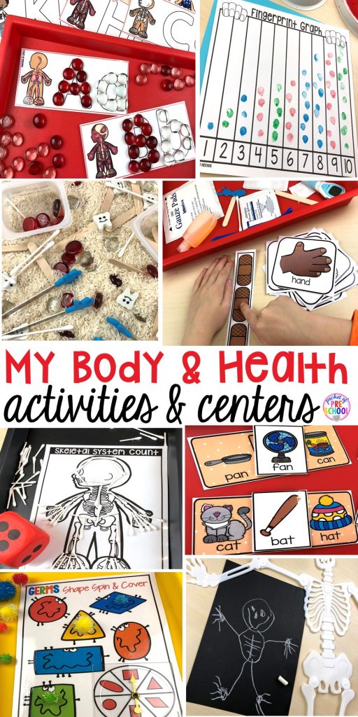 My Body themed centers and activities (FREEBIES too)! Preschool, pre-k, and kindergarten kiddos will love these centers. #mybodytheme #healththeme #preschool #prek