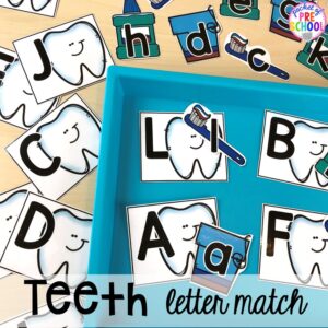 Tooth letter game! Dental health themed activities and centers for preschool, pre-k, and kindergarten (FREEBIES too) #dentalhealththeme #preschool #pre-k #tooththeme