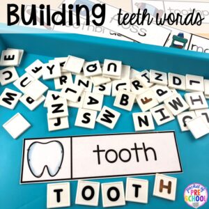 Tooth word work! Dental health themed activities and centers for preschool, pre-k, and kindergarten (FREEBIES too) #dentalhealththeme #preschool #pre-k #tooththeme