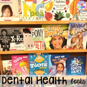 Dental health books! Dental health themed activities and centers for preschool, pre-k, and kindergarten (FREEBIES too) #dentalhealththeme #preschool #pre-k #tooththeme