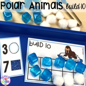 Polar animals build ten math game! Polar animal themed activities and centers for preschool, pre-k, and kindergarten. #polaranimals #polaranimaltheme #preschool #prek