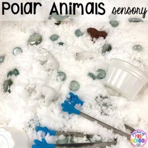 Polar animals sensory table! Polar animal themed activities and centers for preschool, pre-k, and kindergarten. #polaranimals #polaranimaltheme #preschool #prek