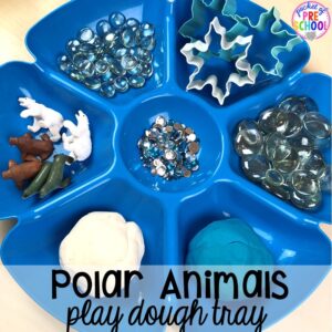 Polar animals play dough tray! Polar animal themed activities and centers for preschool, pre-k, and kindergarten. #polaranimals #polaranimaltheme #preschool #prek