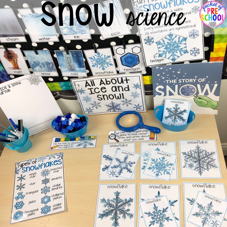 Snow science table! Polar animal themed activities and centers for preschool, pre-k, and kindergarten. Penguin directed drawing FREEBIE! #polaranimals #polaranimaltheme #preschool #prek