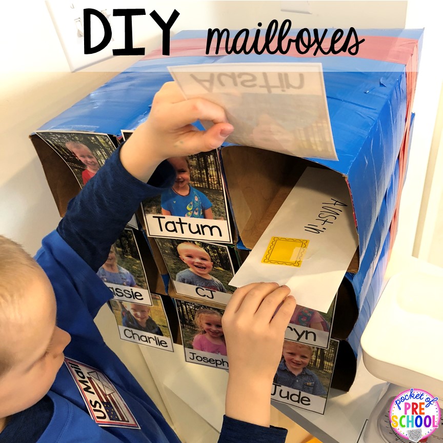 DIY Student mailboxes for a post office! How to set up a Post Office in the dramatic play or pretend center. Perfect for a preschool, pre-k, or kindergarten classroom.