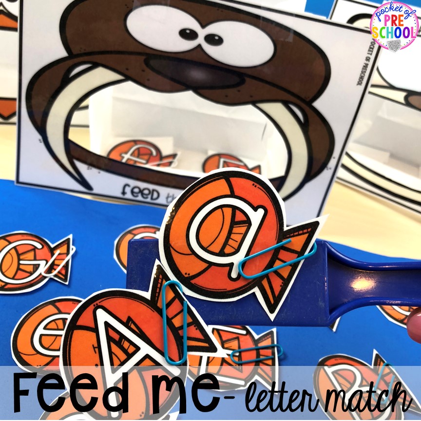 Walrus feed me letter game! Polar animal themed activities and centers for preschool, pre-k, and kindergarten. #polaranimals #polaranimaltheme #preschool #prek