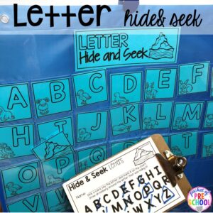 Letter hide and seek! Polar animal themed activities and centers for preschool, pre-k, and kindergarten. #polaranimals #polaranimaltheme #preschool #prek