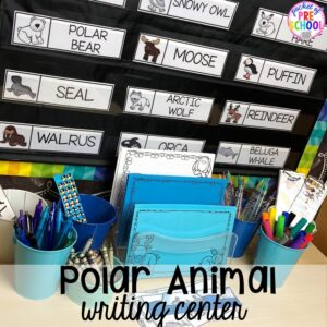 Polar animal writing center! Polar animal themed activities and centers for preschool, pre-k, and kindergarten. #polaranimals #polaranimaltheme #preschool #prek