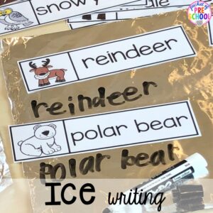"Ice writing" for a polar animal theme! Polar animal themed activities and centers for preschool, pre-k, and kindergarten. #polaranimals #polaranimaltheme #preschool #prek