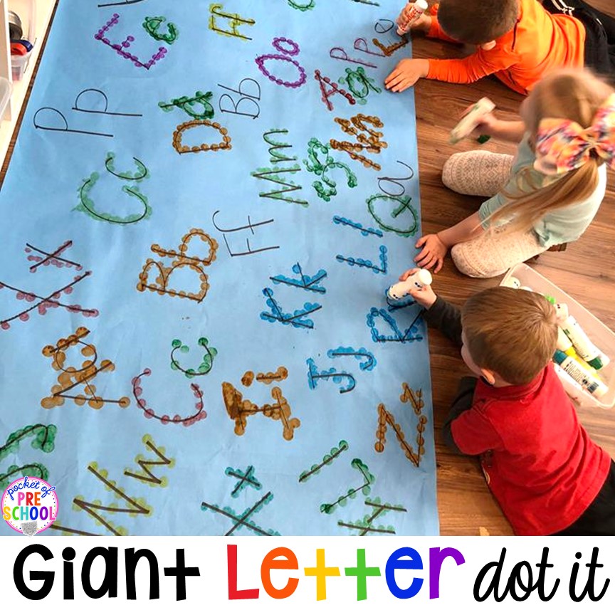Giant letter dot it game - fun for center time, small group, or inside recess. Try it with numbers, shapes, or sight words. Perfect for preschool, pre-k, and kindergarten.