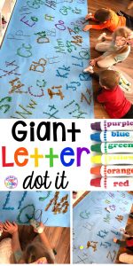 Giant letter dot it game - fun for center time, small group, or inside recess. Try it with numbers, shapes, or sight words. Perfect for preschool, pre-k, and kindergarten.