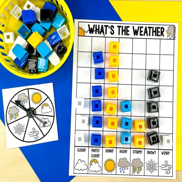 Have a weather theme in your preschool, pre-k, or kindergarten classroom while learning math and literacy skills.