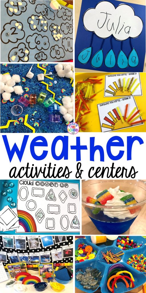 All our favorite weather themed activities (literacy, math, STEM, science, sensory, fine motor). Designed for preschool, pre-k, and kindergarten kiddos. #weathertheme #preschool #prek #kindergarten