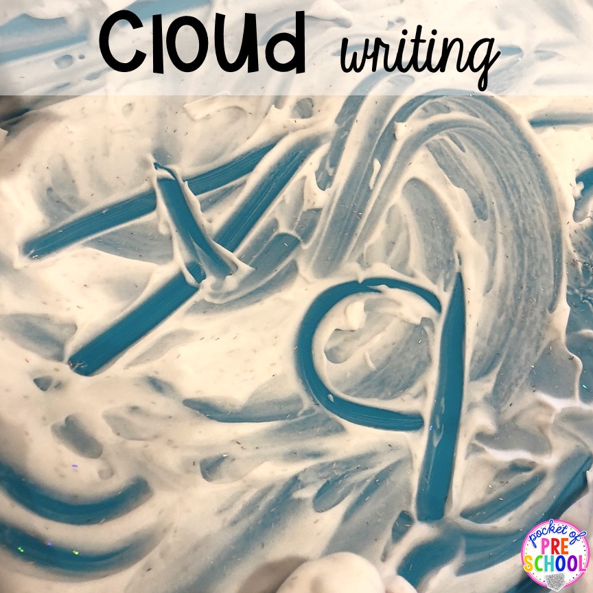Cloud writing! All our favorite weather themed activities (literacy, math, STEM, science, sensory, fine motor). Designed for preschool, pre-k, and kindergarten kiddos. #weathertheme #preschool #prek #kindergarten