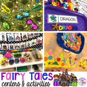 Fairy Tales activities for every center plus a shape crown freebie all designed for preschool, pre-k, and kindergarten #fairytalestheme #preschool #prek #kindergarten