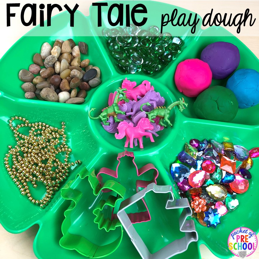 Fairy Tales play dough tray! Favorite Fairy Tales activities for every center plus a shape crown freebie all designed for preschool, pre-k, and kindergarten #fairytalestheme #preschool #prek #kindergarten