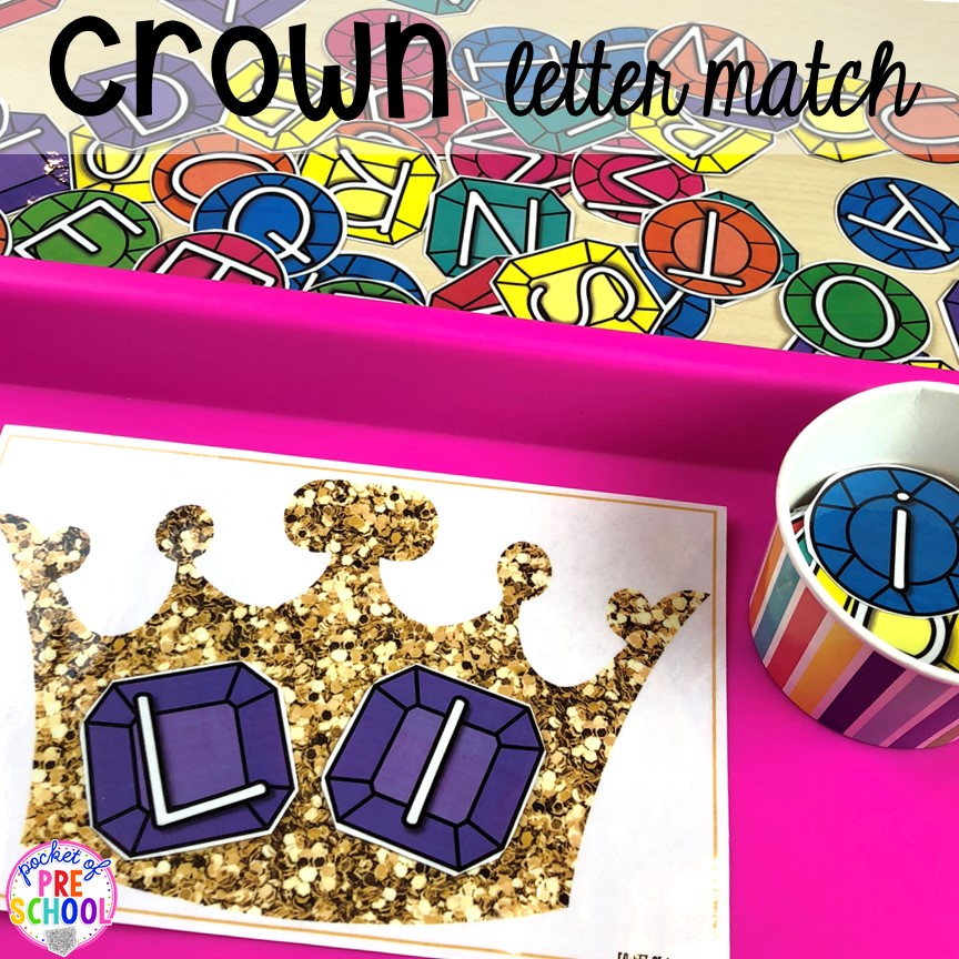 Crown Letter Match! Favorite Fairy Tales activities for every center plus a shape crown freebie all designed for preschool, pre-k, and kindergarten #fairytalestheme #preschool #prek #kindergarten