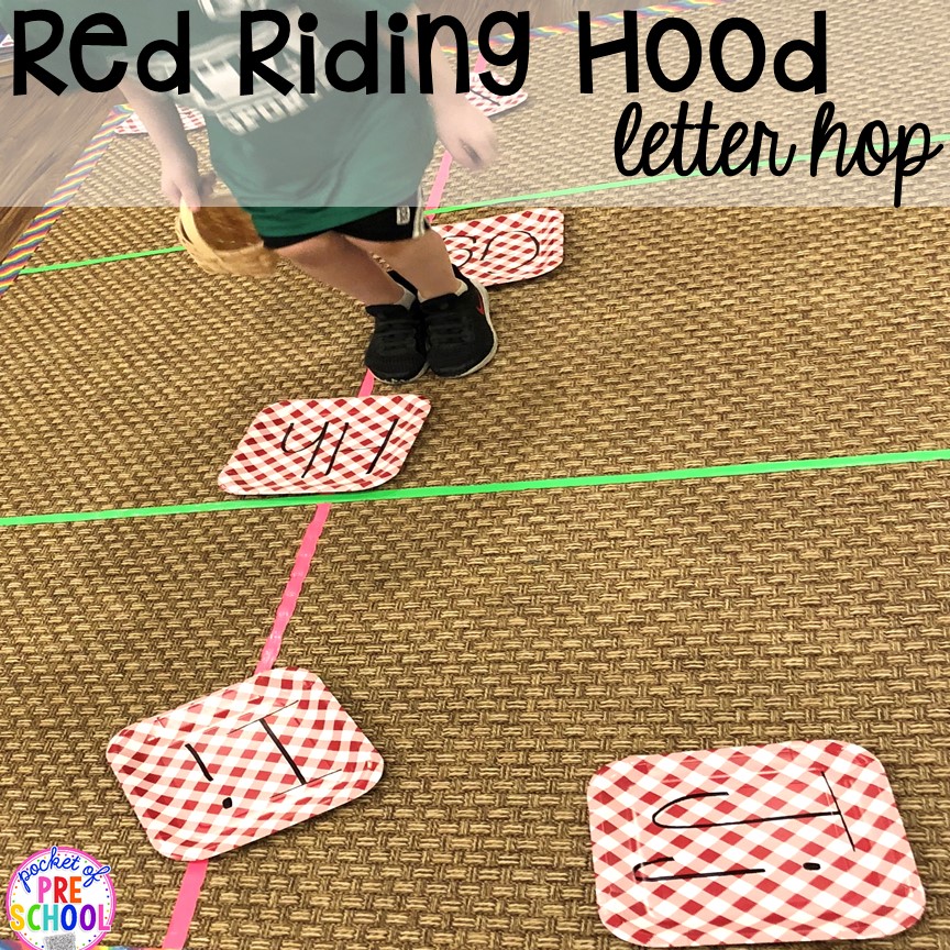 Red Riding Hood letter hop! Favorite Fairy Tales activities for every center plus a shape crown freebie all designed for preschool, pre-k, and kindergarten #fairytalestheme #preschool #prek #kindergarten