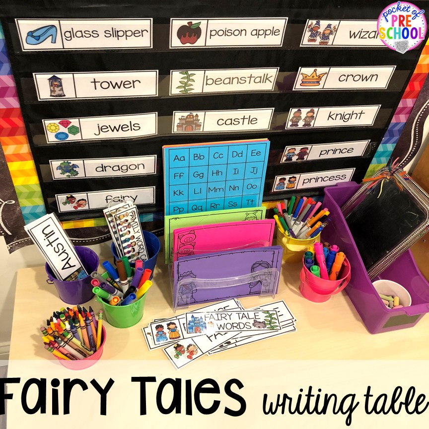 Fairy Tales writing table! Favorite Fairy Tales activities for every center plus a shape crown freebie all designed for preschool, pre-k, and kindergarten #fairytalestheme #preschool #prek #kindergarten