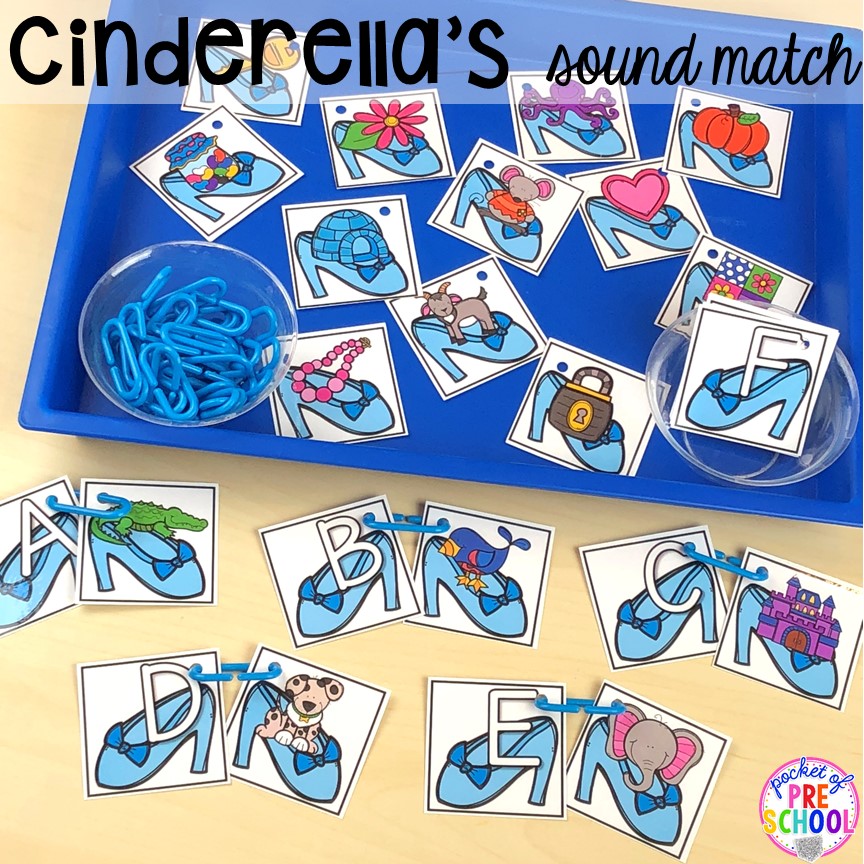 Cinderella's slipper beginning sound match! Favorite Fairy Tales activities for every center plus a shape crown freebie all designed for preschool, pre-k, and kindergarten #fairytalestheme #preschool #prek #kindergarten