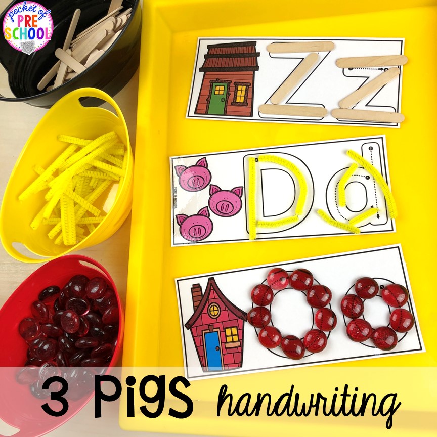 Three pigs letter formation cards for handwriting! Favorite Fairy Tales activities for every center plus a shape crown freebie all designed for preschool, pre-k, and kindergarten #fairytalestheme #preschool #prek #kindergarten