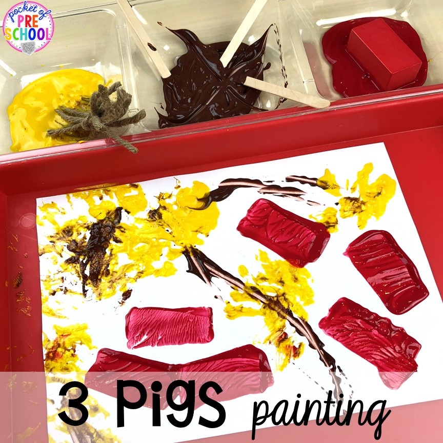 Three little pigs art! Favorite Fairy Tales activities for every center plus a shape crown freebie all designed for preschool, pre-k, and kindergarten #fairytalestheme #preschool #prek #kindergarten