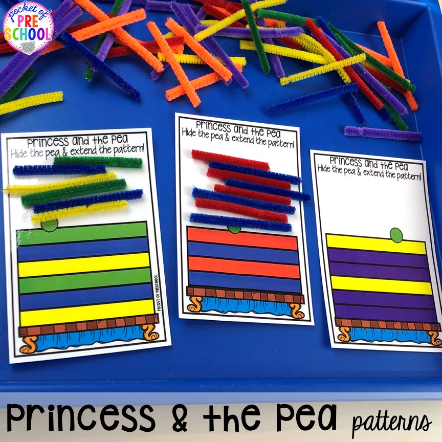 Princess and the Pea patterns! Favorite Fairy Tales activities for every center plus a shape crown freebie all designed for preschool, pre-k, and kindergarten #fairytalestheme #preschool #prek #kindergarten