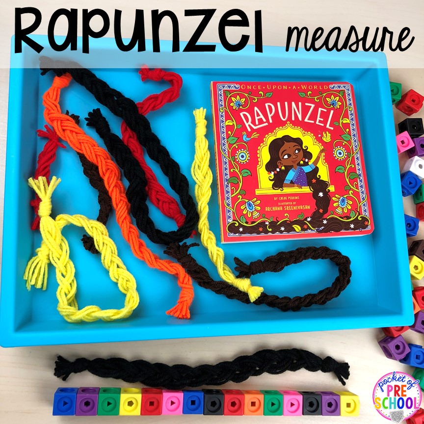 Rapunzel measure (non-standard measurement)! Favorite Fairy Tales activities for every center plus a shape crown freebie all designed for preschool, pre-k, and kindergarten #fairytalestheme #preschool #prek #kindergarten