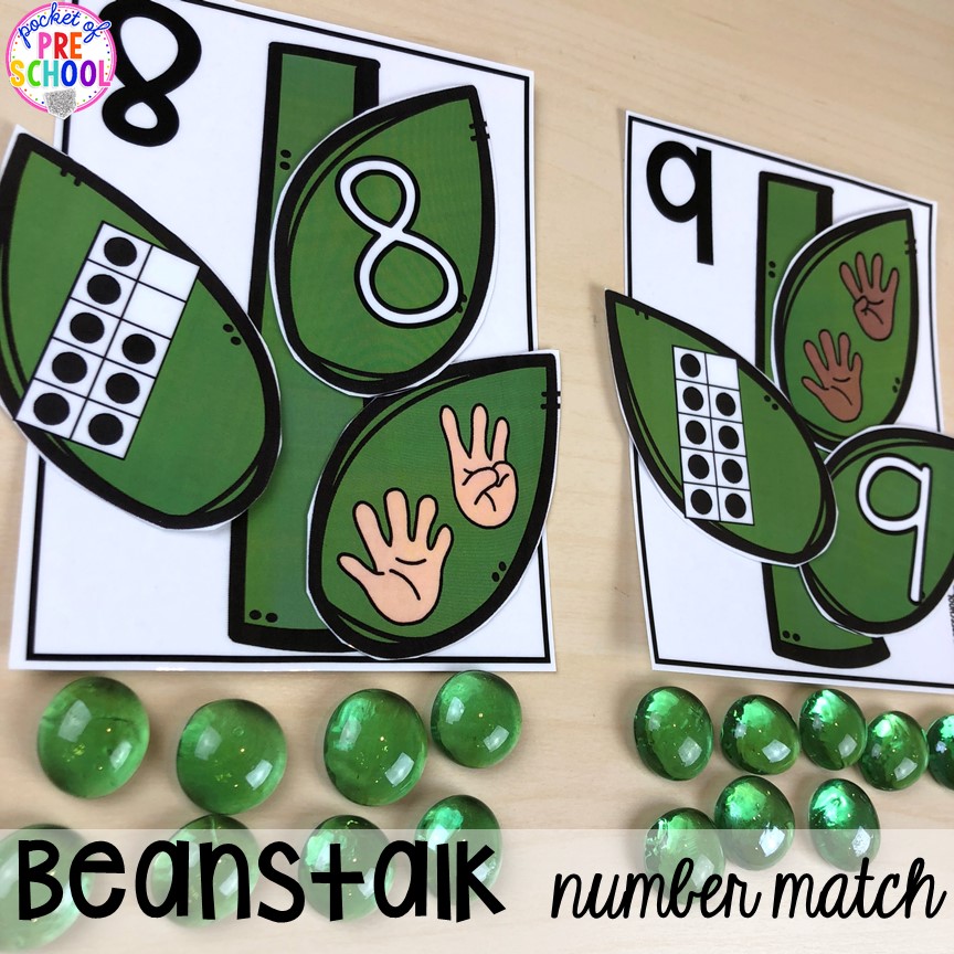 Jack and the Beanstalk number match! Favorite Fairy Tales activities for every center plus a shape crown freebie all designed for preschool, pre-k, and kindergarten #fairytalestheme #preschool #prek #kindergarten