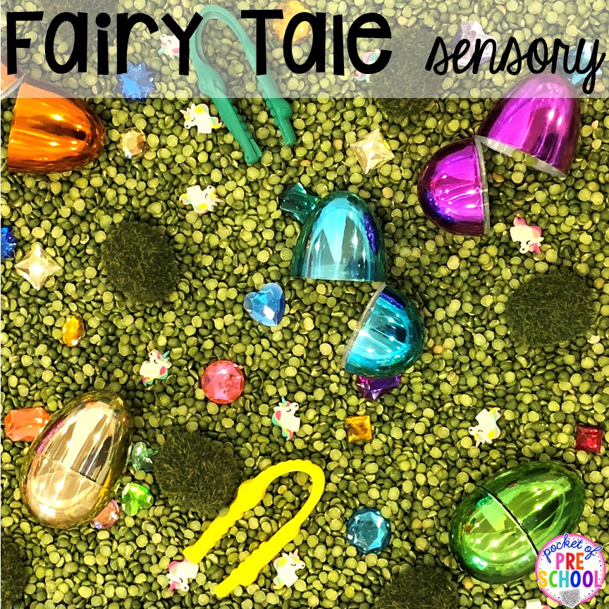 Fairy tales sensory bin! Favorite Fairy Tales activities for every center plus a shape crown freebie all designed for preschool, pre-k, and kindergarten #fairytalestheme #preschool #prek #kindergarten