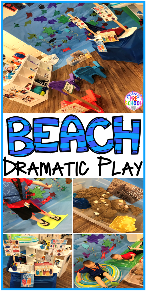 Set up a Beach in the dramatic play or pretend center and embed a ton of math, literacy, and STEM into their play! #dramaticplay #pretendplay #preschool #prek #beachtheme #oceantheme
