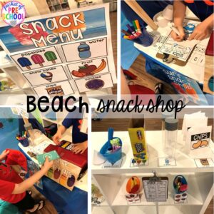 Set up a Beach in the dramatic play or pretend center and embed a ton of math, literacy, and STEM into their play! #dramaticplay #pretendplay #preschool #prek #beachtheme #oceantheme