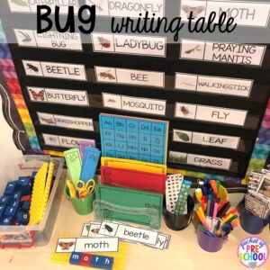 Bug writing table! Bug themed activities and centers for preschool, and kindergarten (freebies too)! Perfect for spring, summer, or fall! #bugtheme #insecttheme #preschool #prek #kindergarten