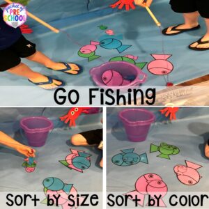 Fishing at the beach. Set up a Beach in the dramatic play or pretend center and embed a ton of math, literacy, and STEM into their play! #dramaticplay #pretendplay #preschool #prek #beachtheme #oceantheme
