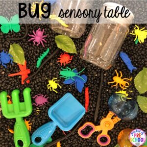 Bug sensory bin! Bug themed activities and centers for preschool, and kindergarten (freebies too)! Perfect for spring, summer, or fall! #bugtheme #insecttheme #preschool #prek #kindergarten