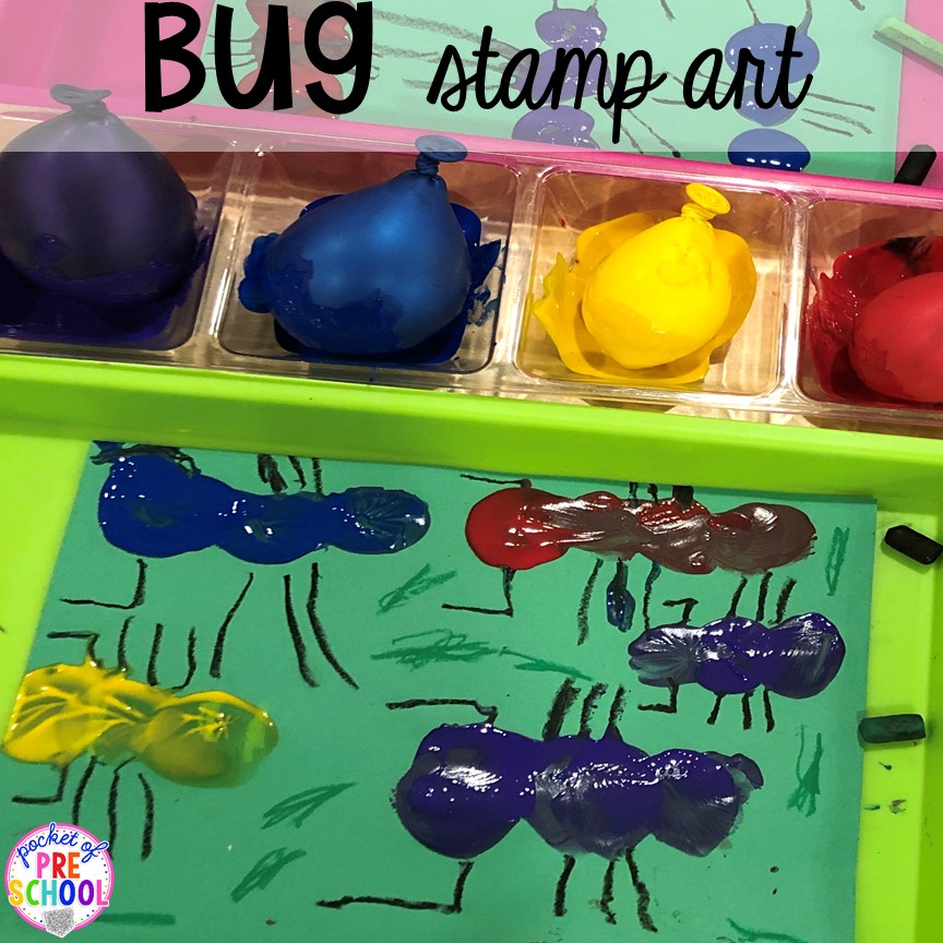 Bug stamp art! Bug themed activities and centers for preschool, and kindergarten (freebies too)! Perfect for spring, summer, or fall! #bugtheme #insecttheme #preschool #prek #kindergarten