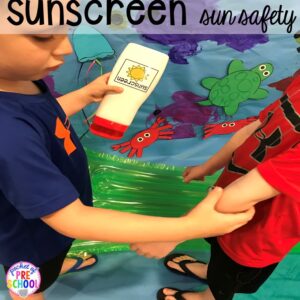 Practice sun safety! Set up a Beach in the dramatic play or pretend center and embed a ton of math, literacy, and STEM into their play! #dramaticplay #pretendplay #preschool #prek #beachtheme #oceantheme