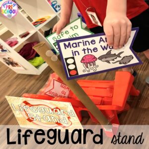 Lifeguard stand! Set up a Beach in the dramatic play or pretend center and embed a ton of math, literacy, and STEM into their play! #dramaticplay #pretendplay #preschool #prek #beachtheme #oceantheme