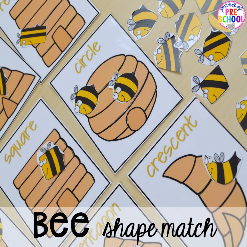 Bee shape match up! Bug themed activities and centers for preschool, and kindergarten (freebies too)! Perfect for spring, summer, or fall! #bugtheme #insecttheme #preschool #prek #kindergarten