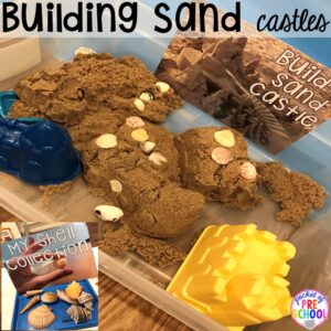 Build sand castles at the beach. Set up a Beach in the dramatic play or pretend center and embed a ton of math, literacy, and STEM into their play! #dramaticplay #pretendplay #preschool #prek #beachtheme #oceantheme