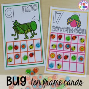 Bug ten frame mats! Bug themed activities and centers for preschool, and kindergarten (freebies too)! Perfect for spring, summer, or fall! #bugtheme #insecttheme #preschool #prek #kindergarten