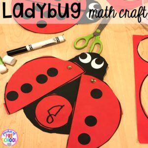 Ladybug math craft! Bug themed activities and centers for preschool, and kindergarten (freebies too)! Perfect for spring, summer, or fall! #bugtheme #insecttheme #preschool #prek #kindergarten