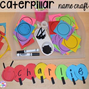 Caterpillar name craft! Bug themed activities and centers for preschool, and kindergarten (freebies too)! Perfect for spring, summer, or fall! #bugtheme #insecttheme #preschool #prek #kindergarten