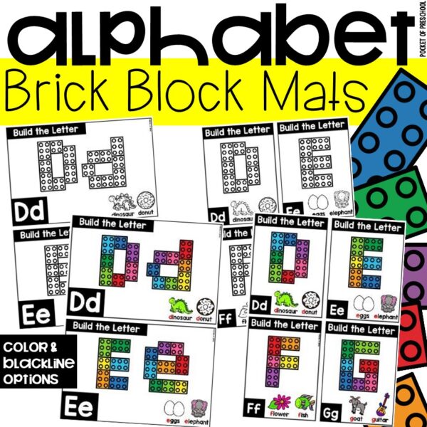 Alphabet brick block mats to practice letters in a preschool, pre-k, or kindergarten room.
