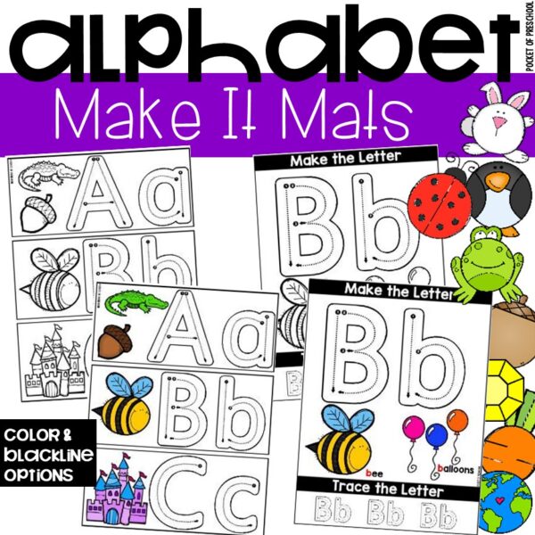Alphabet make it mats to practice letters in a preschool, pre-k, or kindergarten room.