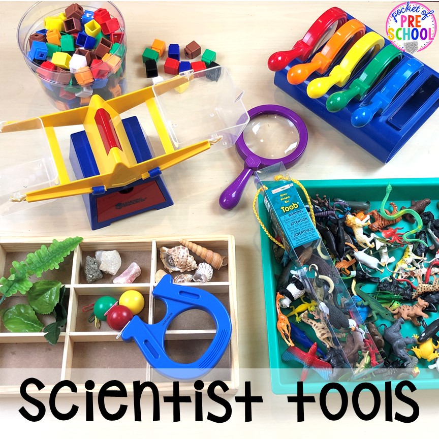 Tools for the science center and science table in a preschool, pre-k, and kindergarten classroom. #preschoolscience #sciencecenter #prekscience #kindergartenscience
