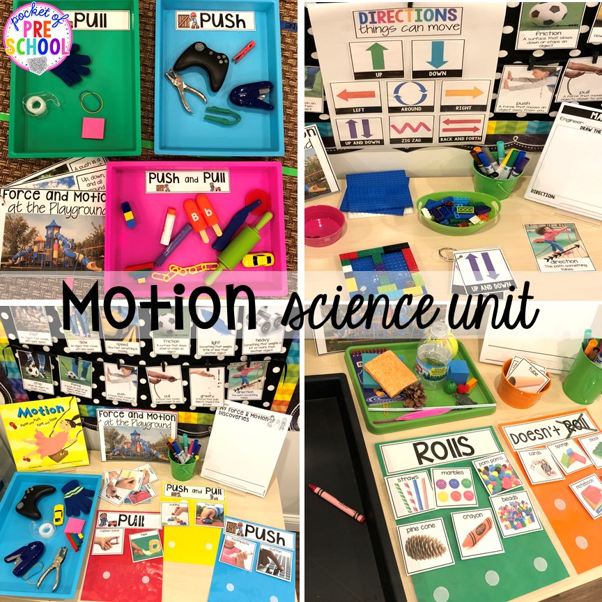Force and motion science unit for preschool, pre-k, and kindergarten #preschoolscience #sciencecenter #prekscience #kindergartenscience
