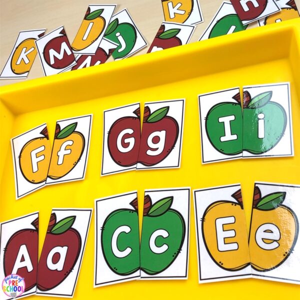 Have an apple theme in your preschool, pre-k, or kindergarten classroom while learning math and literacy skills.